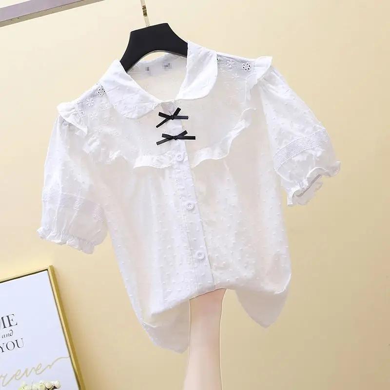 Kids Girls 2022 Summer New Short Sleeves Lace Casual Ruched Tops Shirts Children Clothing Fashion Turn Down Collar B